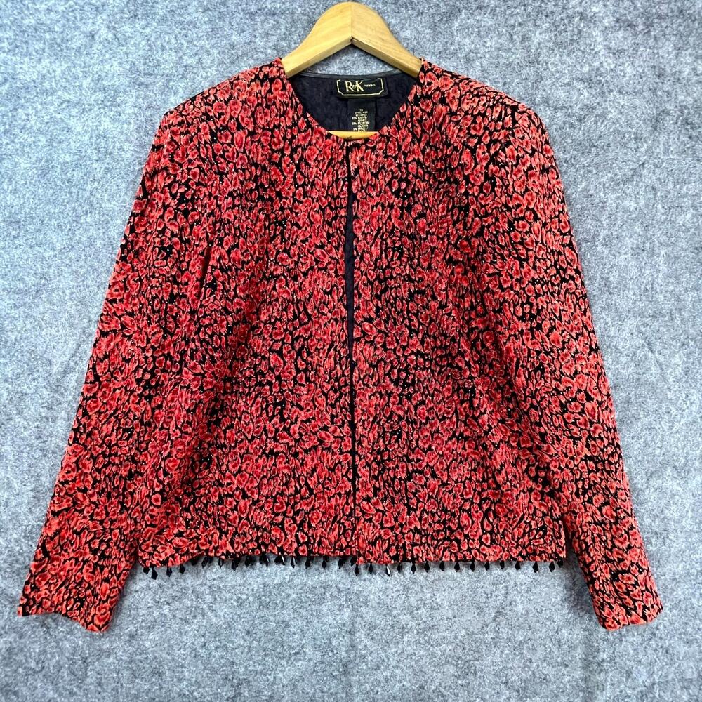 Vintage R&K Evening Jacket Womens 10 Red‎ Leopard Beaded Fringe Mob Wife Siren